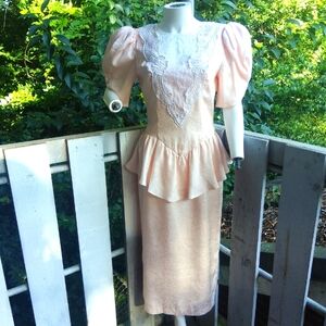 Scott McClintock Vintage 80s Pink Lace Coquette Bow Peplum Satin Dress